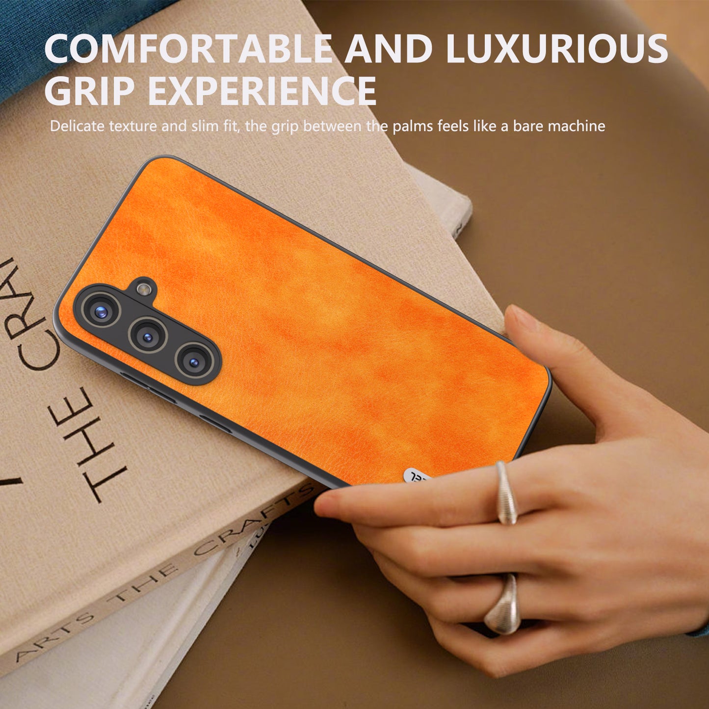 ABEEL For Samsung Galaxy S24 Litchi Texture Back Case PU Leather Coated PC+TPU Phone Cover - Orange