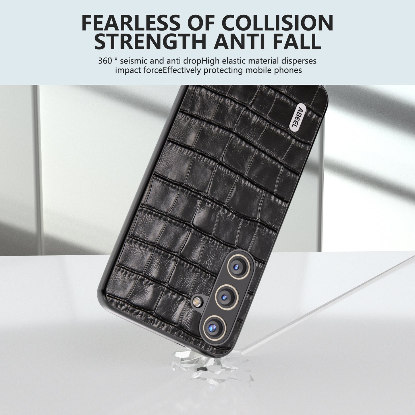 ABEEL For Samsung Galaxy S24 Phone Case Crocodile Texture Genuine Cow Leather Back Cover - Black