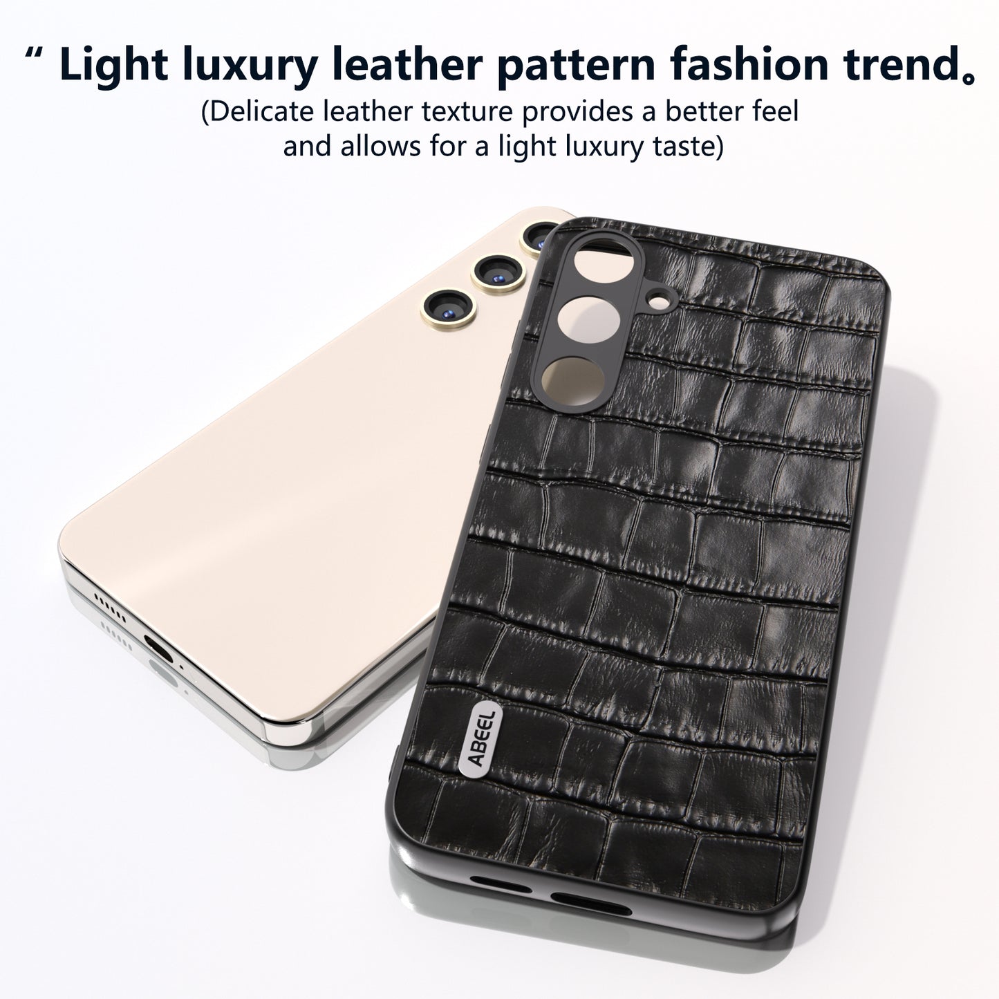 ABEEL For Samsung Galaxy S24 Phone Case Crocodile Texture Genuine Cow Leather Back Cover - Black