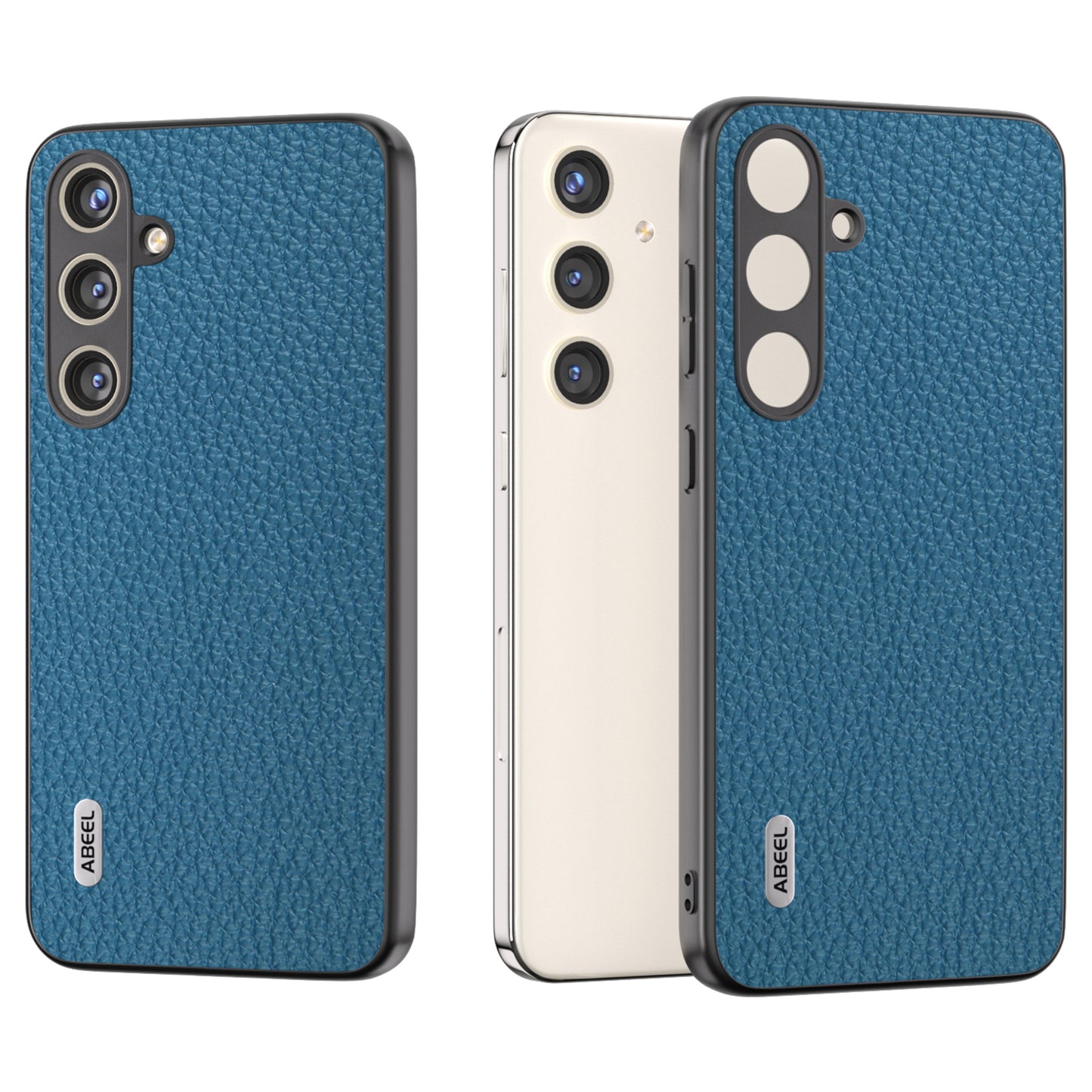 ABEEL For Samsung Galaxy S24 Cowhide Leather+PC+TPU Phone Case Litchi Texture Phone Cover - Blue