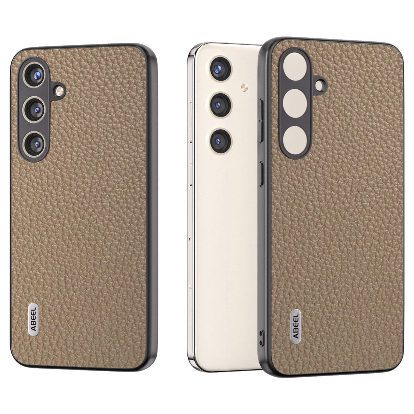 ABEEL For Samsung Galaxy S24 Cowhide Leather+PC+TPU Phone Case Litchi Texture Phone Cover - Khaki / Khaki