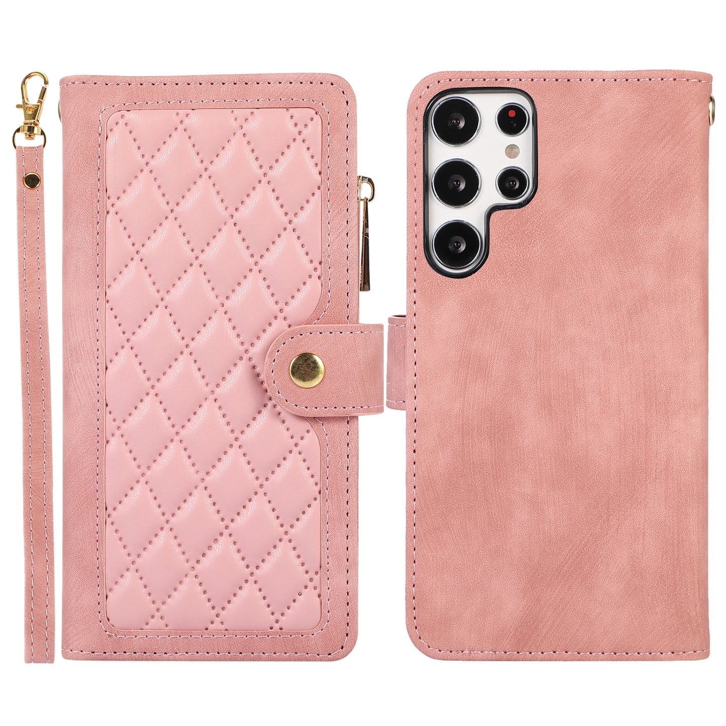 For Samsung Galaxy S24 Ultra Phone Case Rhombus Wallet Purse Handbag Leather Cover - Rose Gold