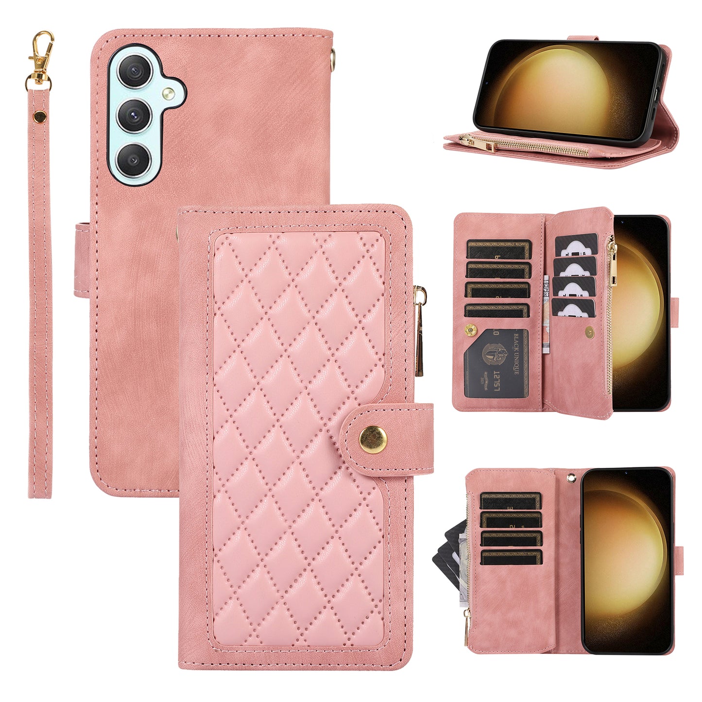 For Samsung Galaxy S24 Rhombus Leather Case Stand Card Slots Phone Cover - Rose Gold