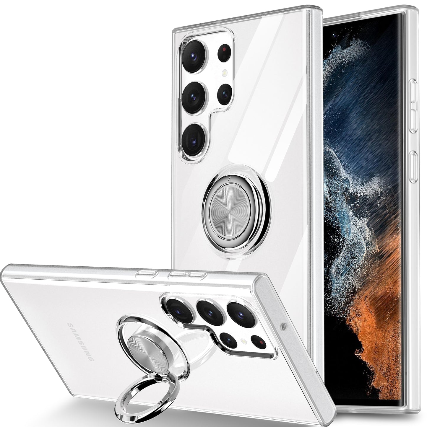 For Samsung Galaxy S24 Ultra TPU Clear Phone Case with Ring Holder Kickstand