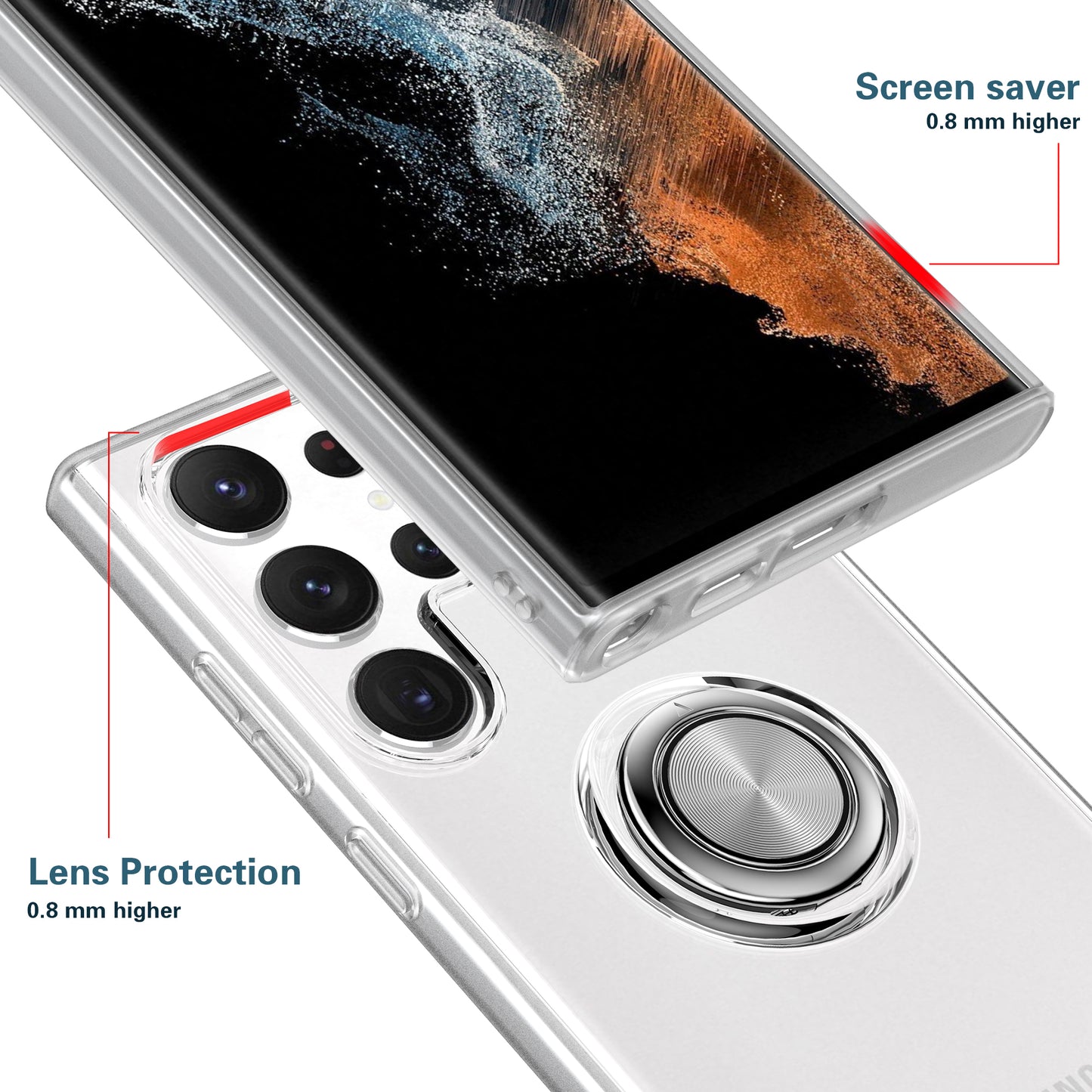 For Samsung Galaxy S24 Ultra TPU Clear Phone Case with Ring Holder Kickstand