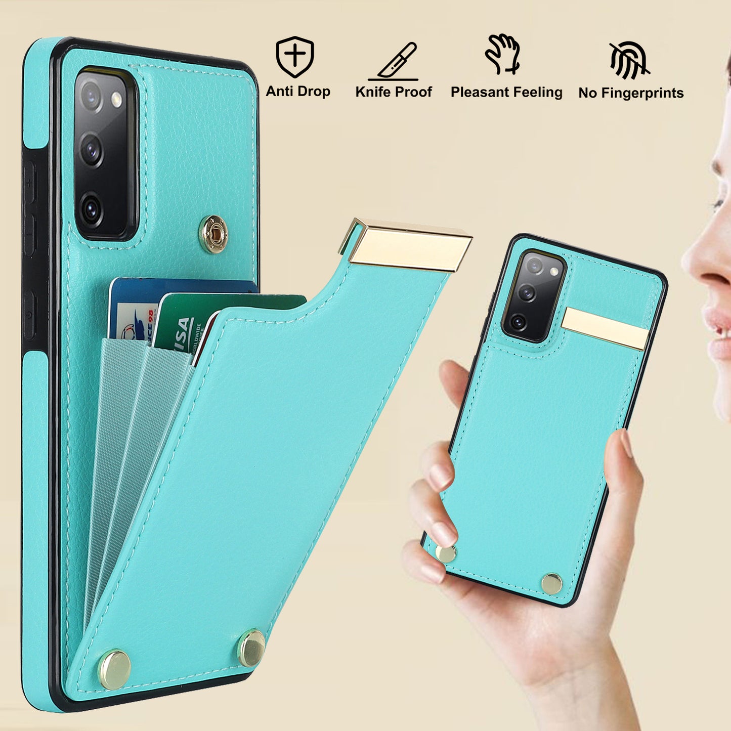 For Samsung Galaxy S20 FE 5G / S20 FE / S20 FE 2022 / S20 Lite Cell Phone Case TPU+PU Leather Card Holder Cover - Mint Green