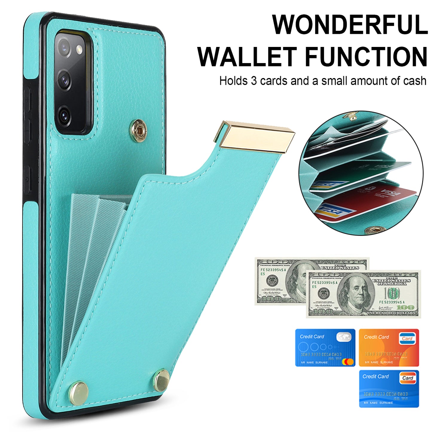 For Samsung Galaxy S20 FE 5G / S20 FE / S20 FE 2022 / S20 Lite Cell Phone Case TPU+PU Leather Card Holder Cover - Mint Green