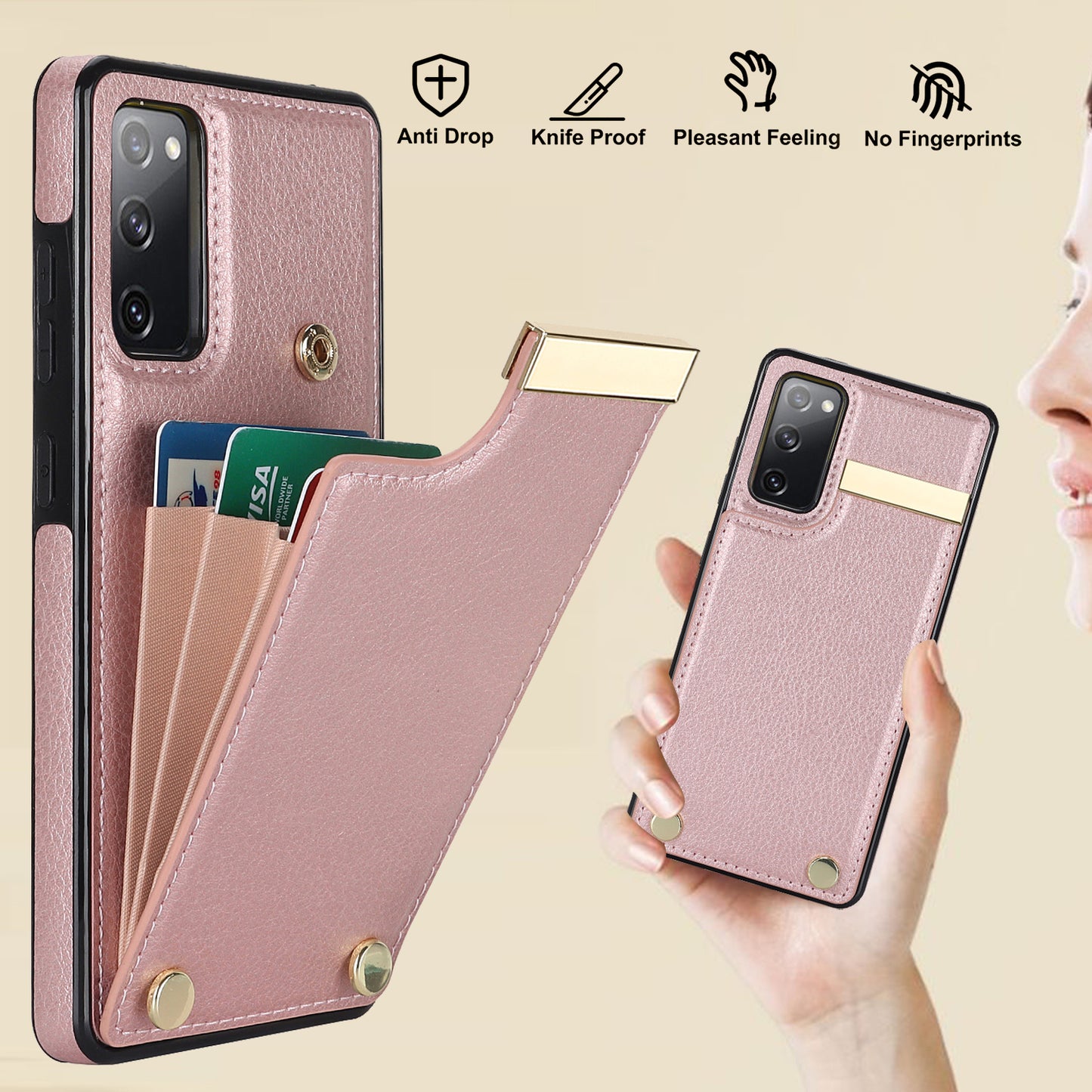 For Samsung Galaxy S20 FE 5G / S20 FE / S20 FE 2022 / S20 Lite Cell Phone Case TPU+PU Leather Card Holder Cover - Rose Gold
