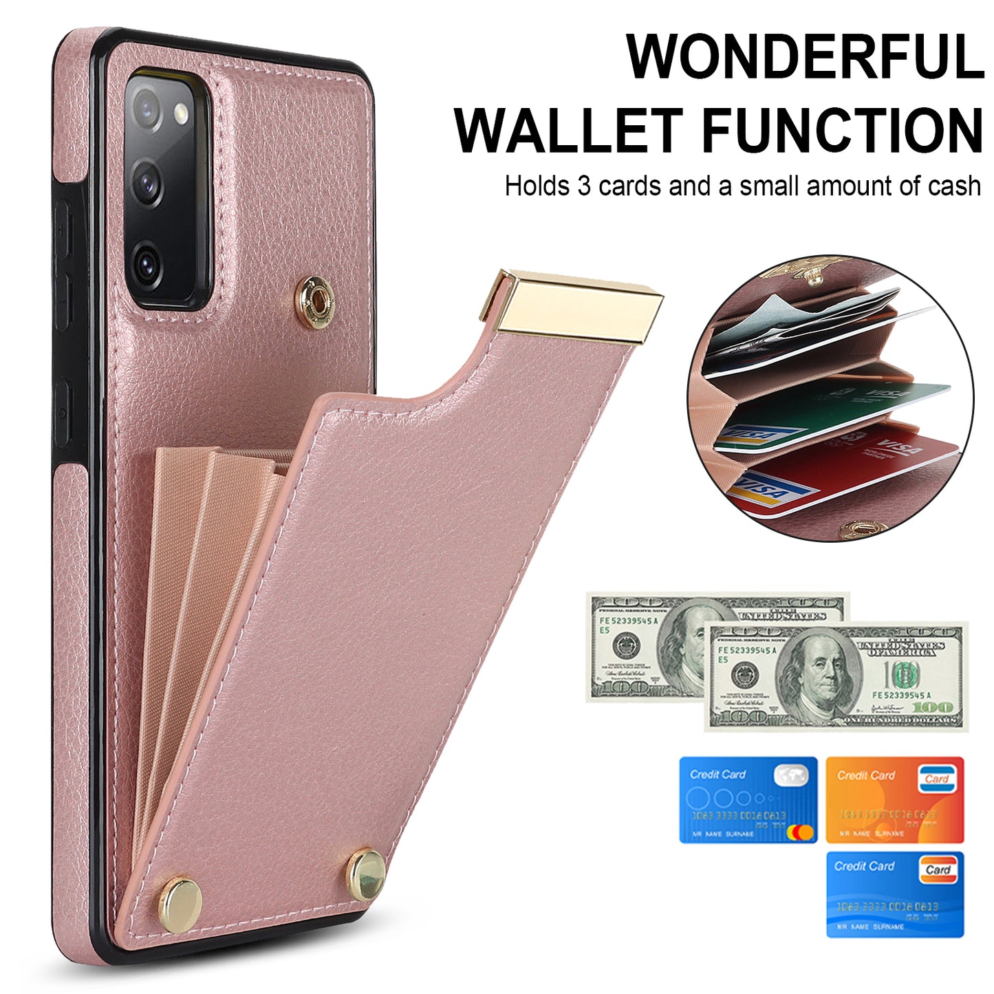For Samsung Galaxy S20 FE 5G / S20 FE / S20 FE 2022 / S20 Lite Cell Phone Case TPU+PU Leather Card Holder Cover - Rose Gold