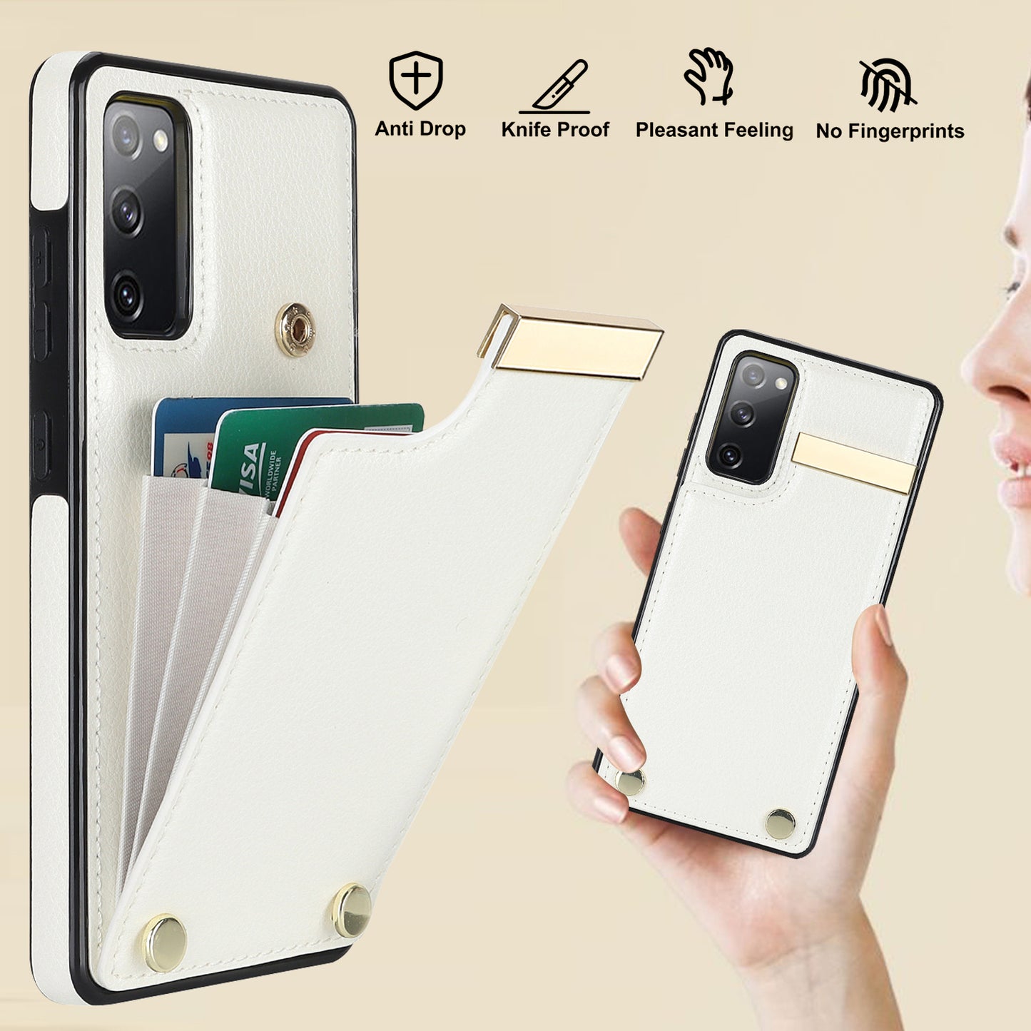 For Samsung Galaxy S20 FE 5G / S20 FE / S20 FE 2022 / S20 Lite Cell Phone Case TPU+PU Leather Card Holder Cover - White