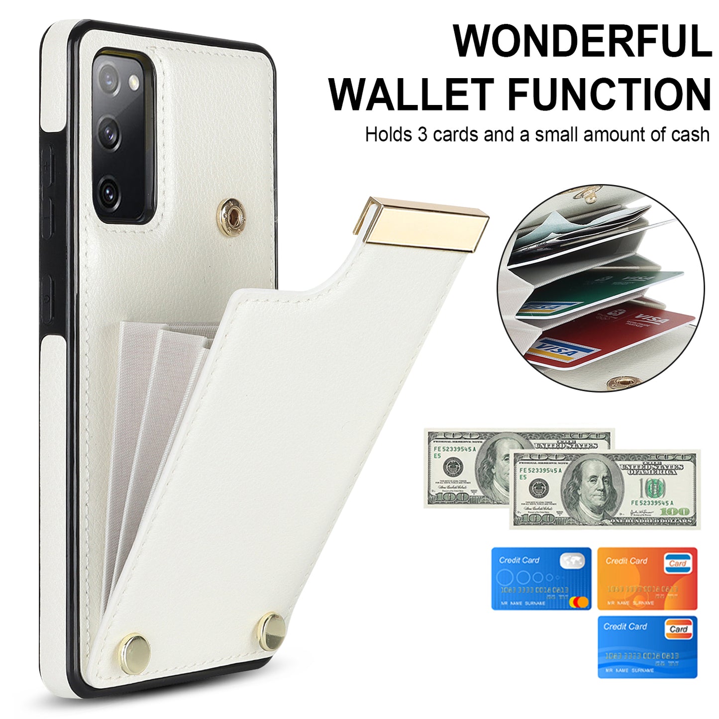 For Samsung Galaxy S20 FE 5G / S20 FE / S20 FE 2022 / S20 Lite Cell Phone Case TPU+PU Leather Card Holder Cover - White