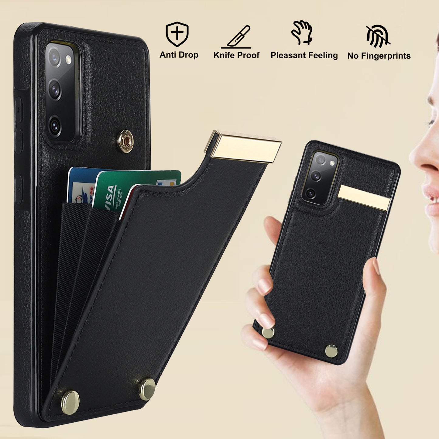 For Samsung Galaxy S20 FE 5G / S20 FE / S20 FE 2022 / S20 Lite Cell Phone Case TPU+PU Leather Card Holder Cover - Black