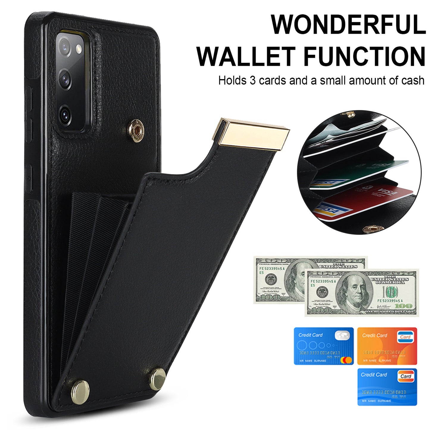 For Samsung Galaxy S20 FE 5G / S20 FE / S20 FE 2022 / S20 Lite Cell Phone Case TPU+PU Leather Card Holder Cover - Black