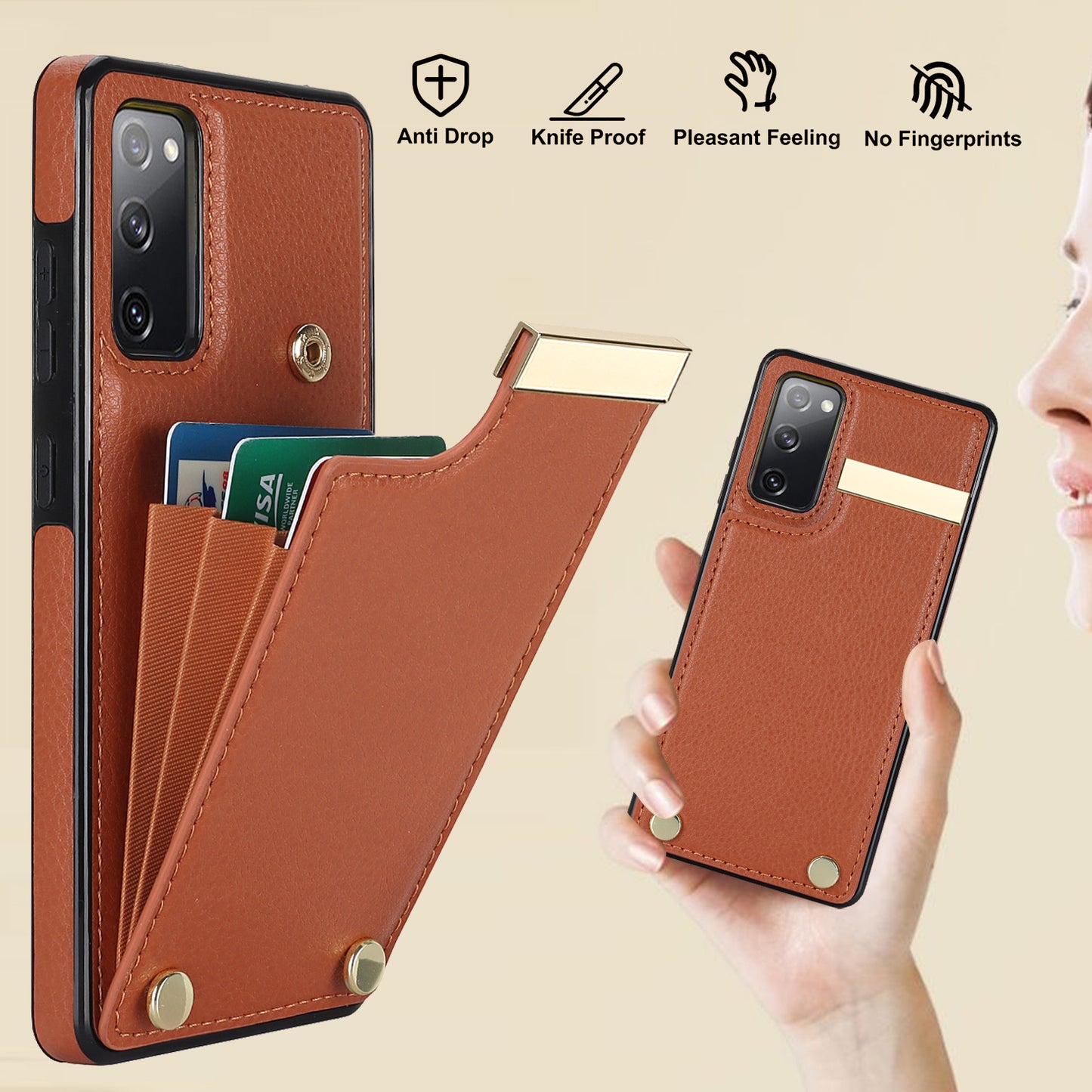 For Samsung Galaxy S20 FE 5G / S20 FE / S20 FE 2022 / S20 Lite Cell Phone Case TPU+PU Leather Card Holder Cover - Brown