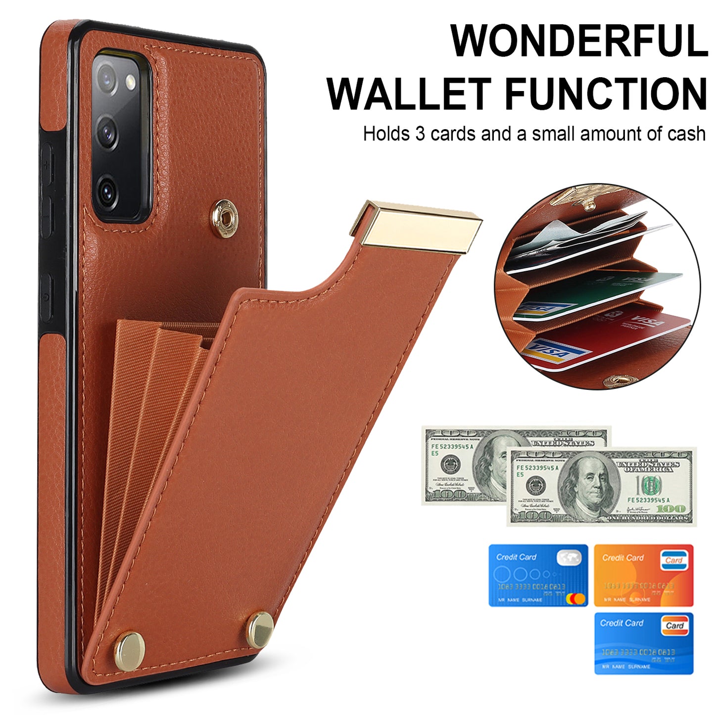 For Samsung Galaxy S20 FE 5G / S20 FE / S20 FE 2022 / S20 Lite Cell Phone Case TPU+PU Leather Card Holder Cover - Brown