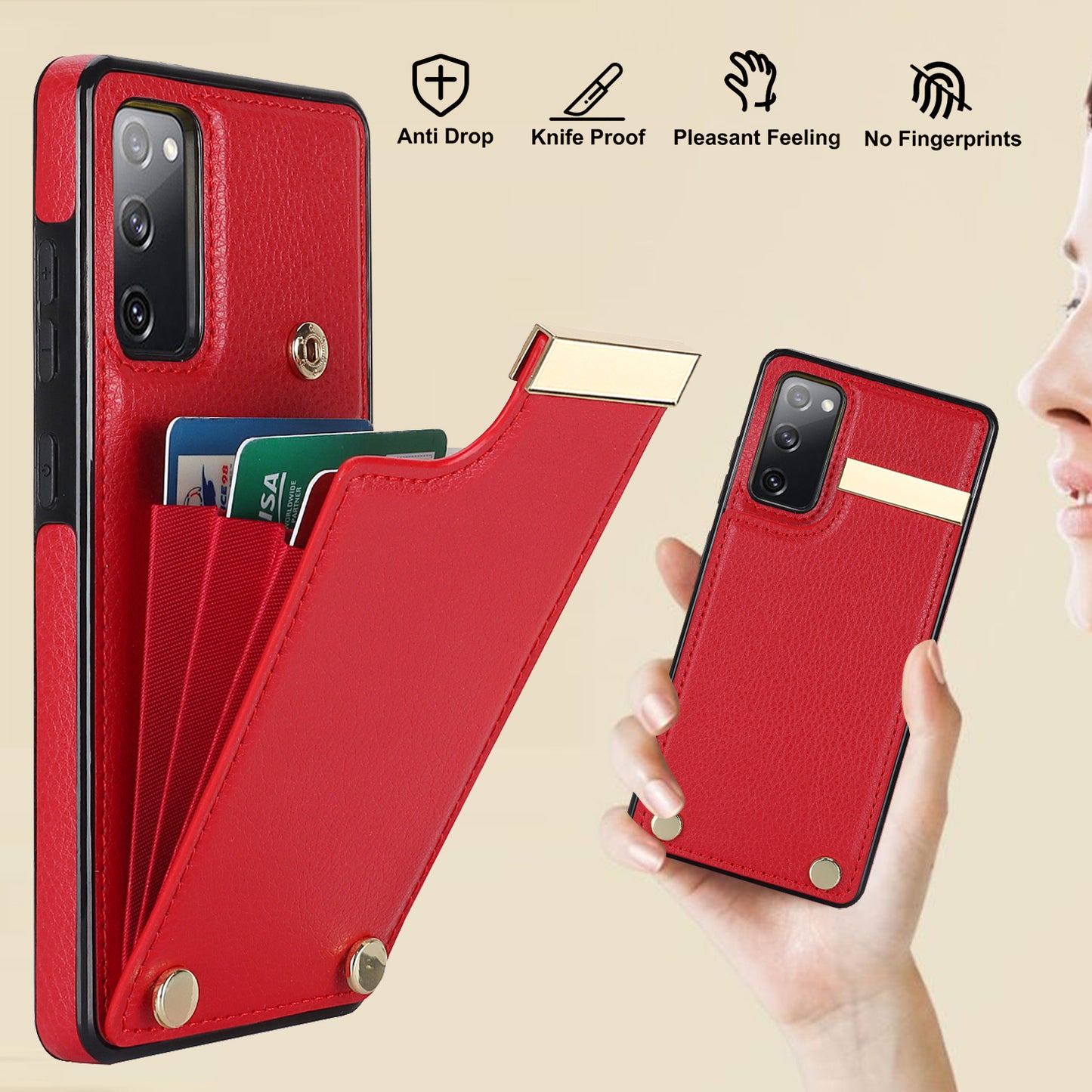 For Samsung Galaxy S20 FE 5G / S20 FE / S20 FE 2022 / S20 Lite Cell Phone Case TPU+PU Leather Card Holder Cover - Red