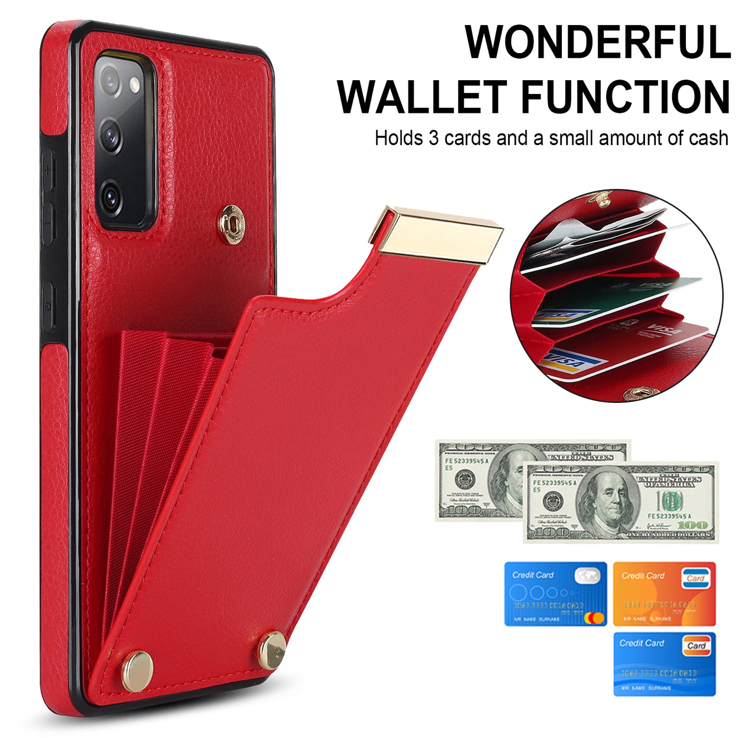 For Samsung Galaxy S20 FE 5G / S20 FE / S20 FE 2022 / S20 Lite Cell Phone Case TPU+PU Leather Card Holder Cover - Red