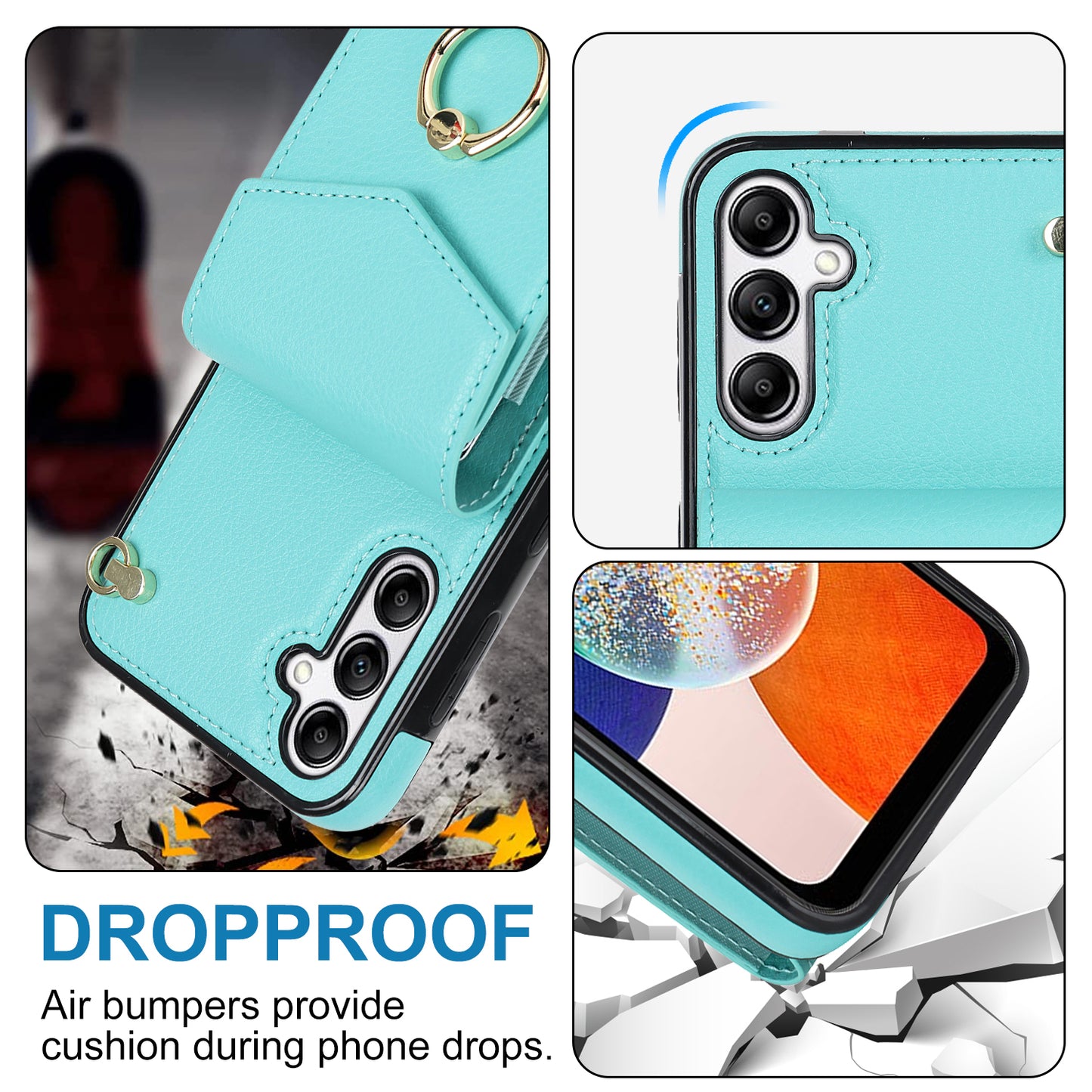 For Samsung Galaxy S24 Cover Accordion Card Bag PU Leather+TPU Anti-drop Cell Phone Case with Strap - Mint Green