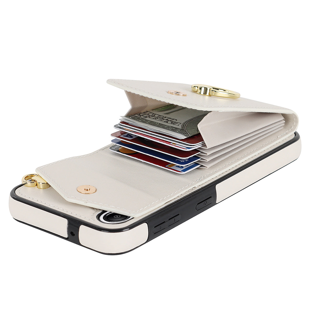 For Samsung Galaxy S24 Cover Accordion Card Bag PU Leather+TPU Anti-drop Cell Phone Case with Strap - Beige