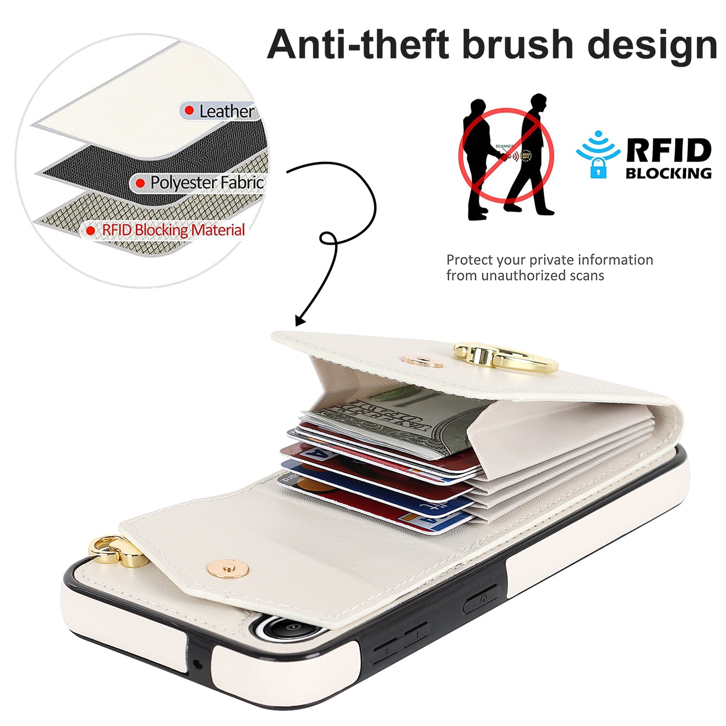 For Samsung Galaxy S24 Cover Accordion Card Bag PU Leather+TPU Anti-drop Cell Phone Case with Strap - Beige