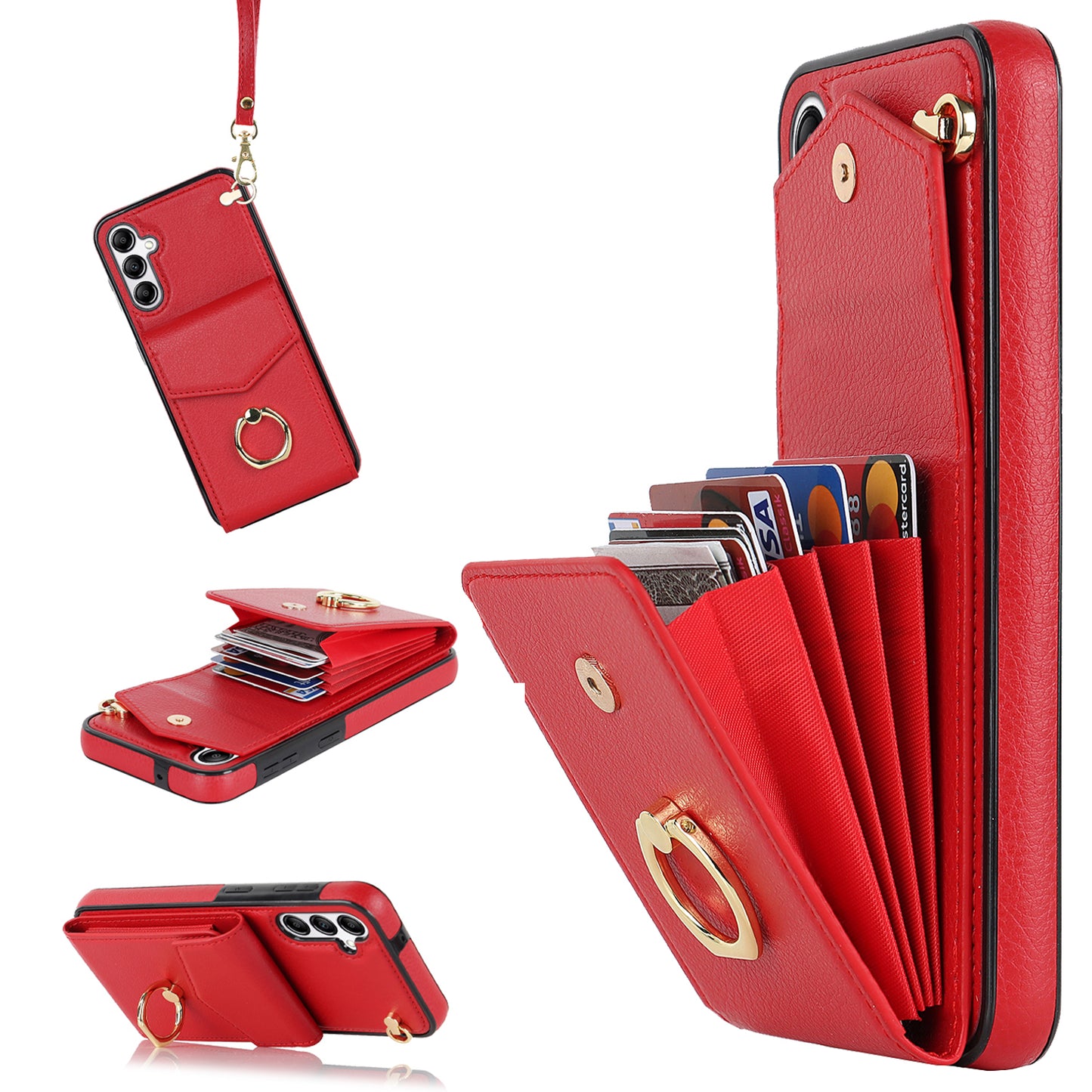 For Samsung Galaxy S24 Cover Accordion Card Bag PU Leather+TPU Anti-drop Cell Phone Case with Strap - Red