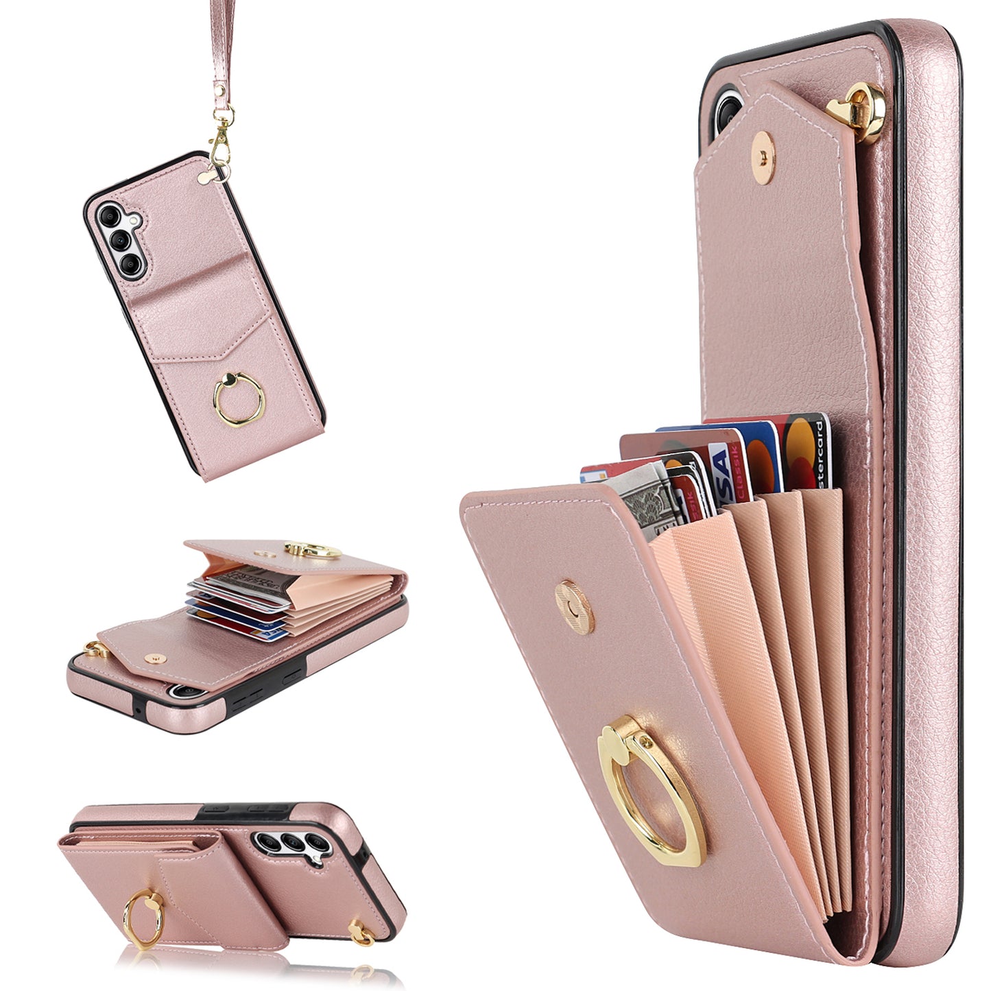 For Samsung Galaxy S24 Cover Accordion Card Bag PU Leather+TPU Anti-drop Cell Phone Case with Strap - Rose Gold