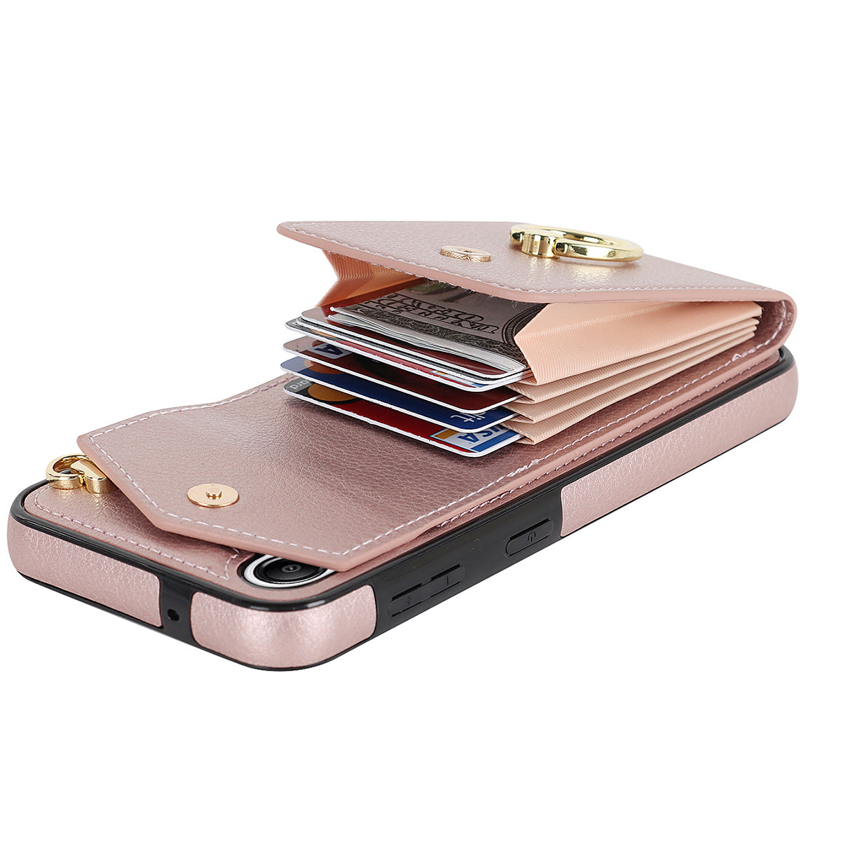 For Samsung Galaxy S24 Cover Accordion Card Bag PU Leather+TPU Anti-drop Cell Phone Case with Strap - Rose Gold