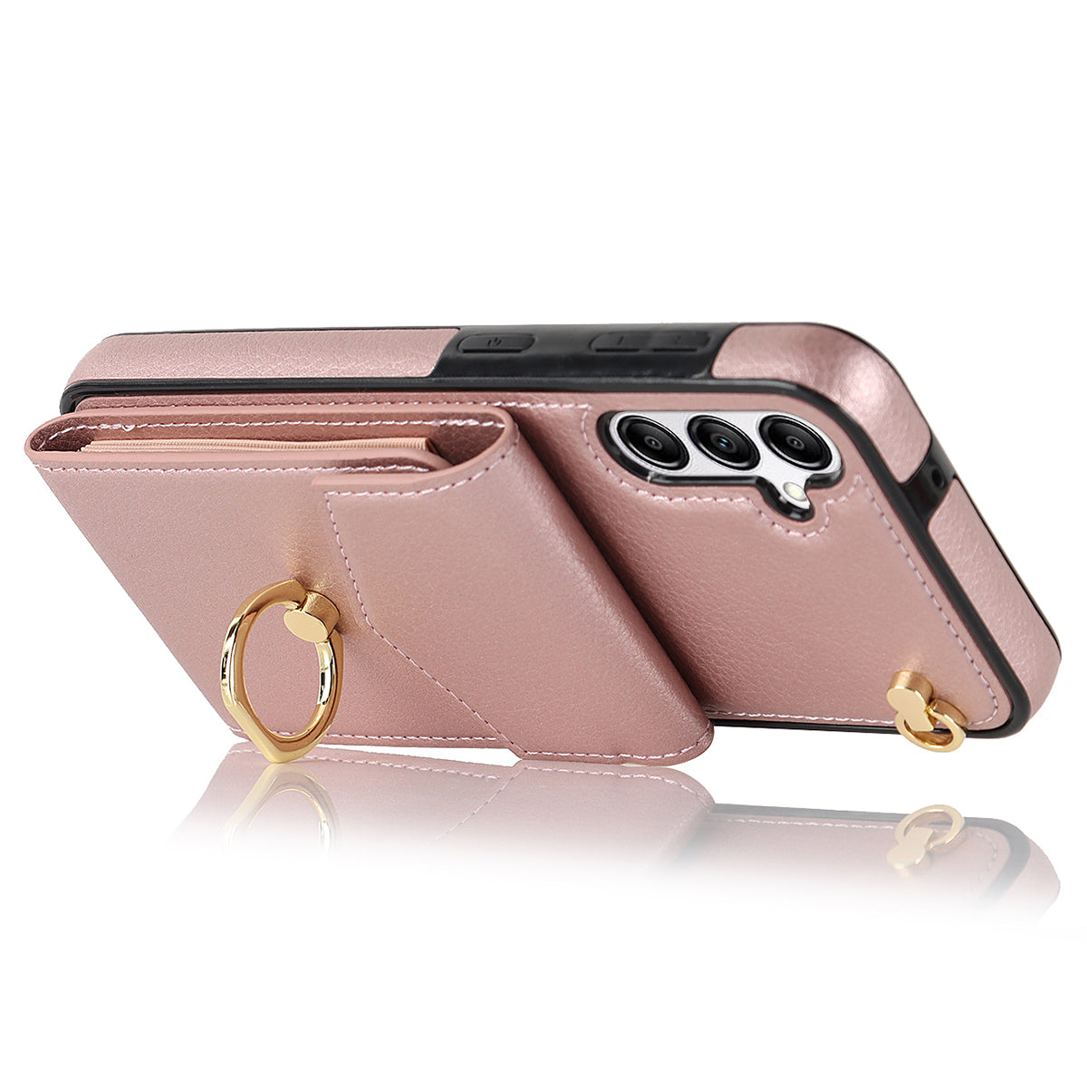 For Samsung Galaxy S24 Cover Accordion Card Bag PU Leather+TPU Anti-drop Cell Phone Case with Strap - Rose Gold