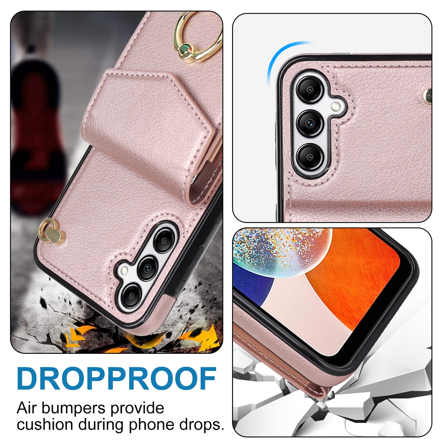 For Samsung Galaxy S24 Cover Accordion Card Bag PU Leather+TPU Anti-drop Cell Phone Case with Strap - Rose Gold