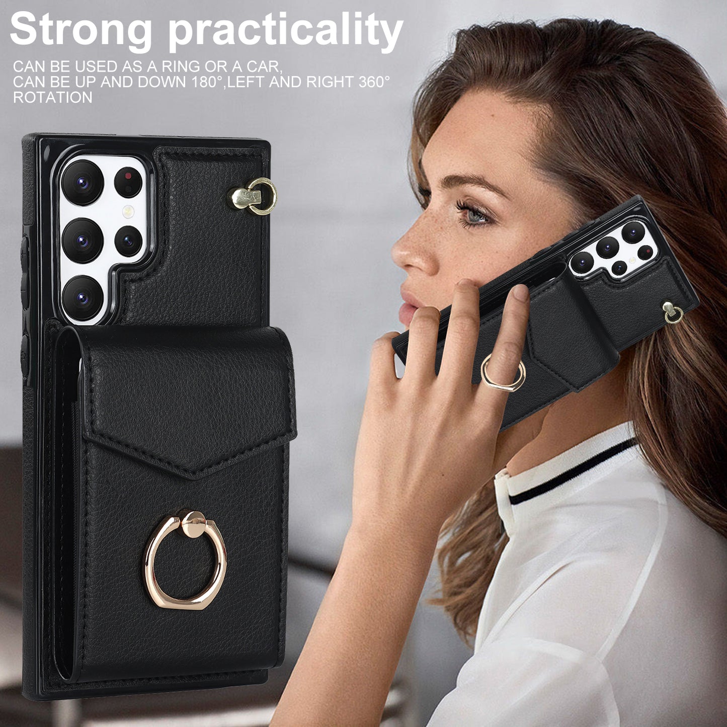 For Samsung Galaxy S24 Ultra Cell Phone Case PU Leather+TPU Back Cover with Accordion Card Bag - Black