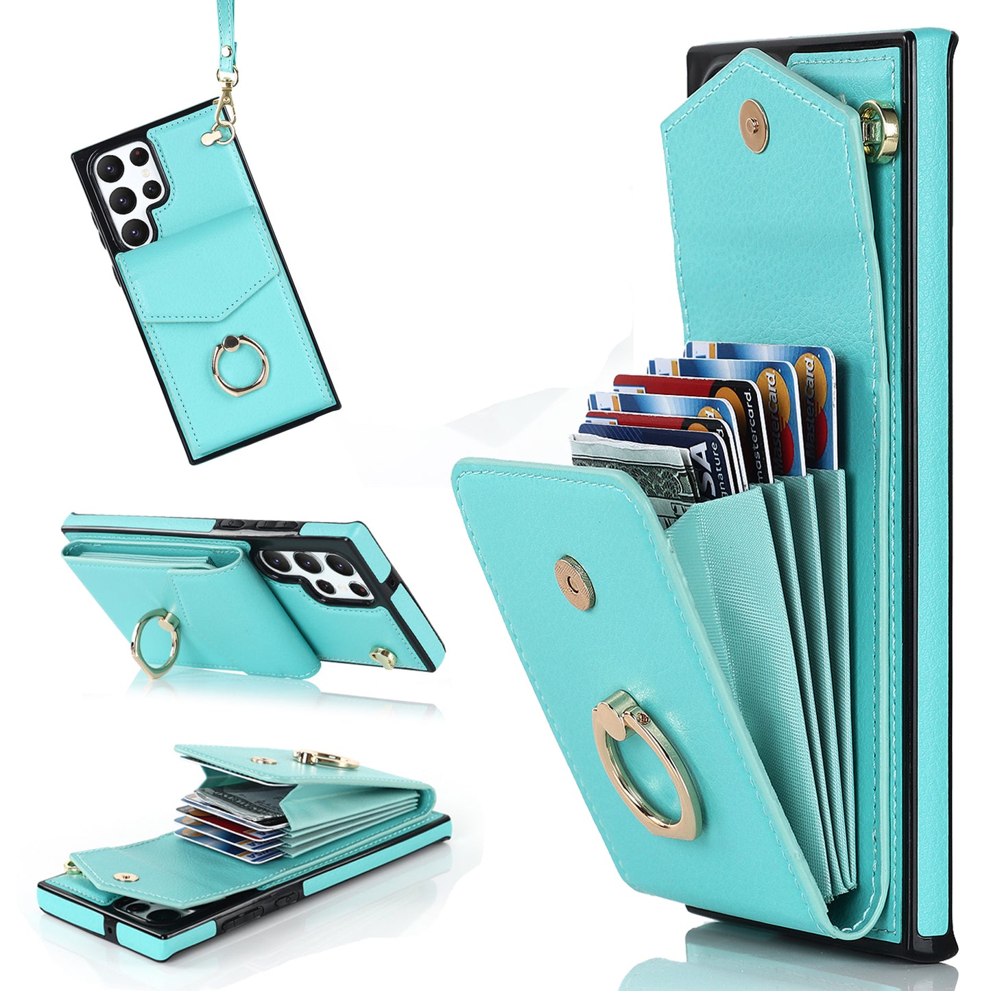 For Samsung Galaxy S24 Ultra Cell Phone Case PU Leather+TPU Back Cover with Accordion Card Bag - Mint Green