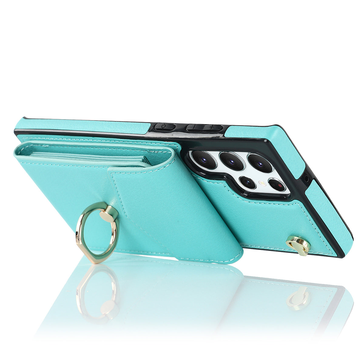 For Samsung Galaxy S24 Ultra Cell Phone Case PU Leather+TPU Back Cover with Accordion Card Bag - Mint Green
