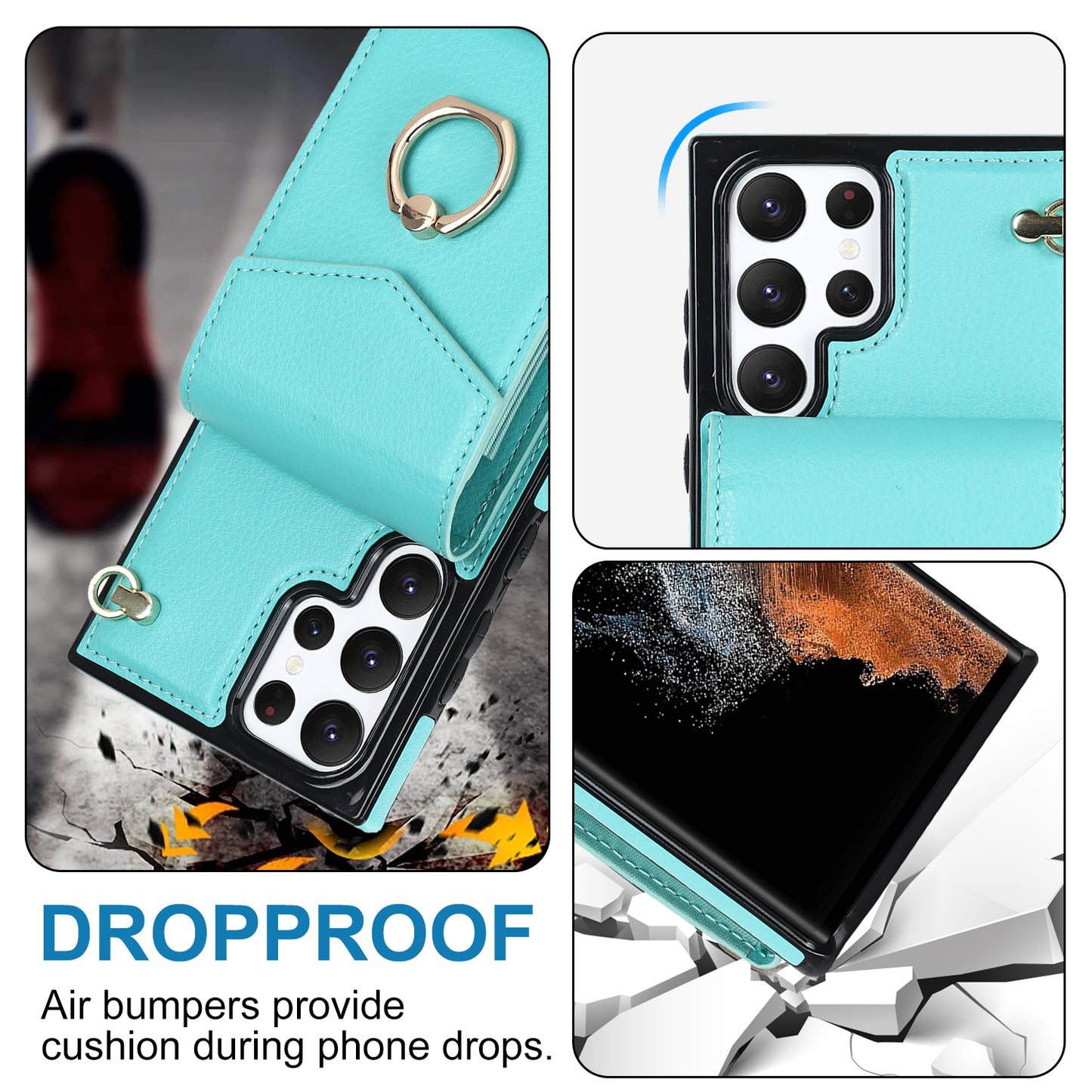 For Samsung Galaxy S24 Ultra Cell Phone Case PU Leather+TPU Back Cover with Accordion Card Bag - Mint Green