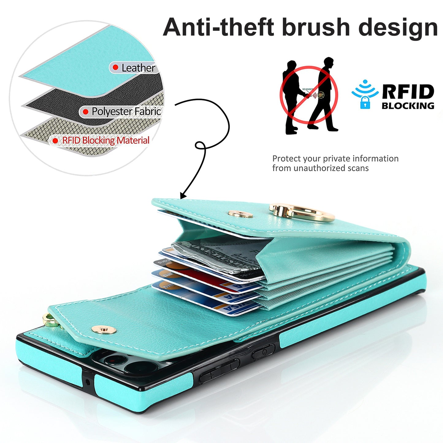 For Samsung Galaxy S24 Ultra Cell Phone Case PU Leather+TPU Back Cover with Accordion Card Bag - Mint Green