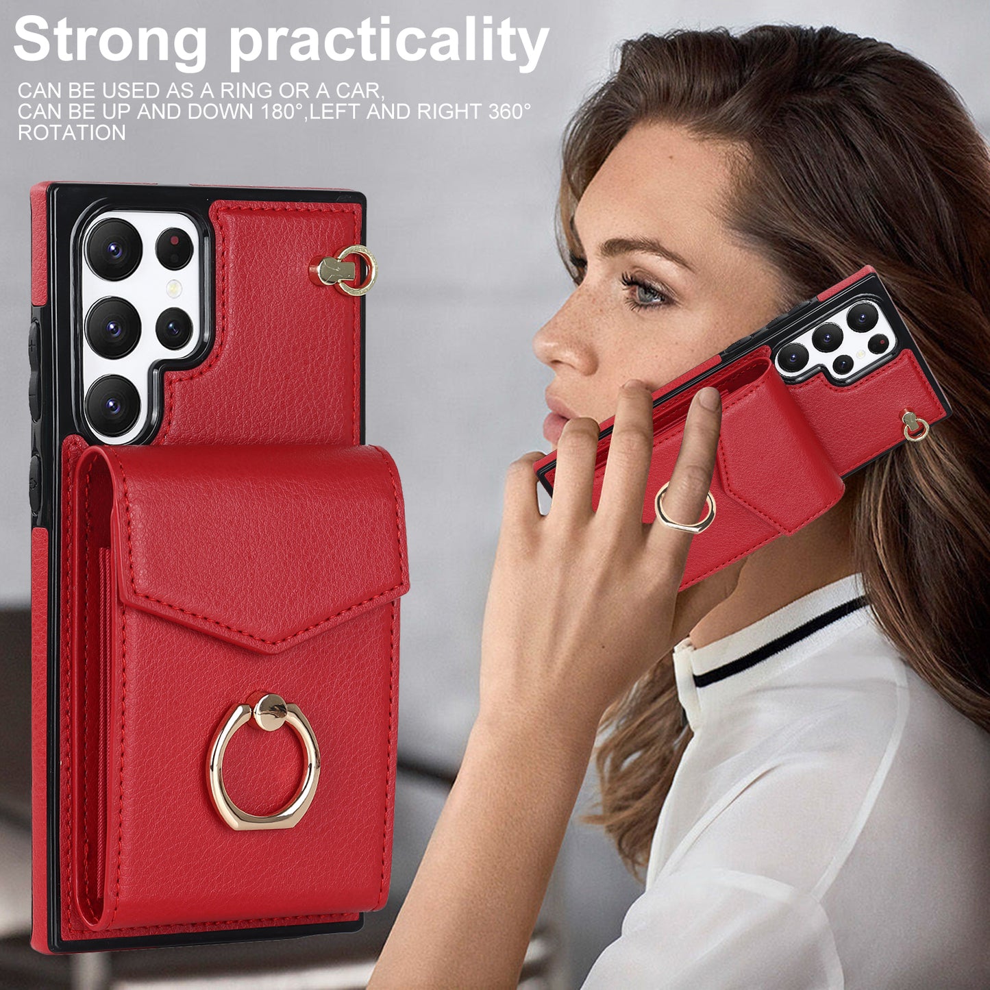 For Samsung Galaxy S24 Ultra Cell Phone Case PU Leather+TPU Back Cover with Accordion Card Bag - Red