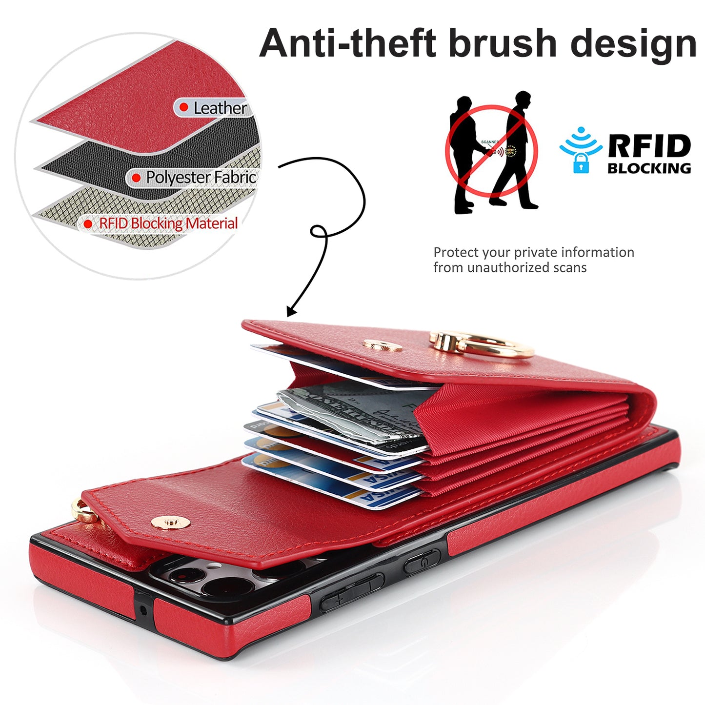 For Samsung Galaxy S24 Ultra Cell Phone Case PU Leather+TPU Back Cover with Accordion Card Bag - Red