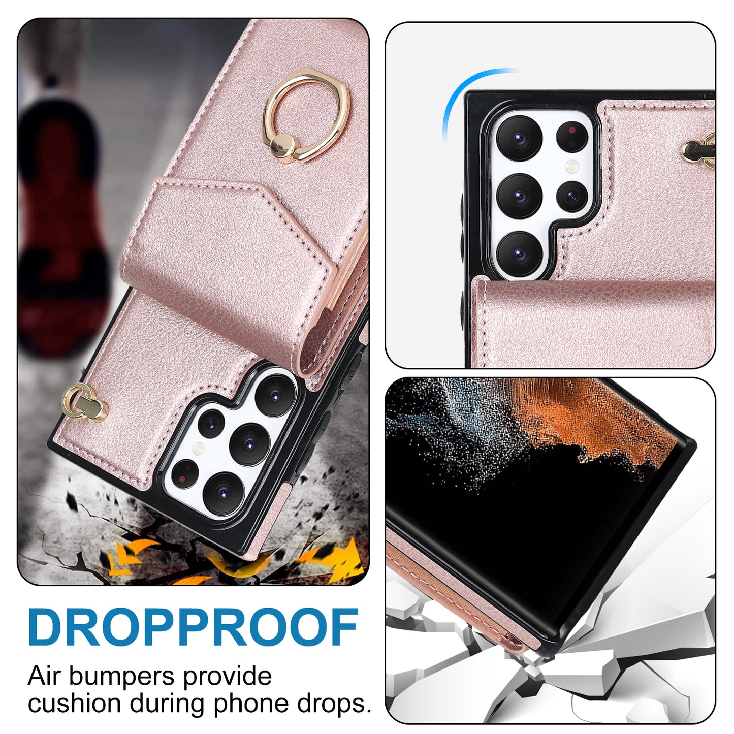 For Samsung Galaxy S24 Ultra Cell Phone Case PU Leather+TPU Back Cover with Accordion Card Bag - Rose Gold