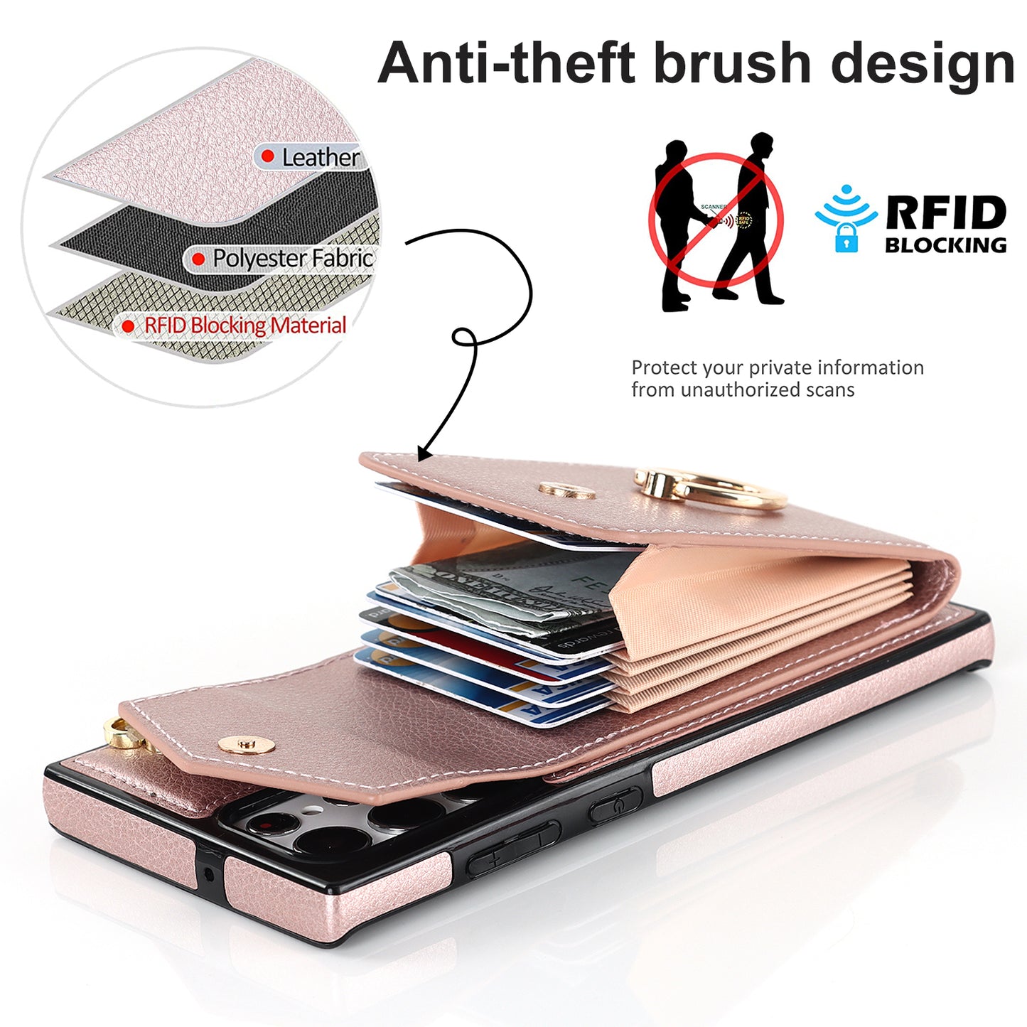 For Samsung Galaxy S24 Ultra Cell Phone Case PU Leather+TPU Back Cover with Accordion Card Bag - Rose Gold