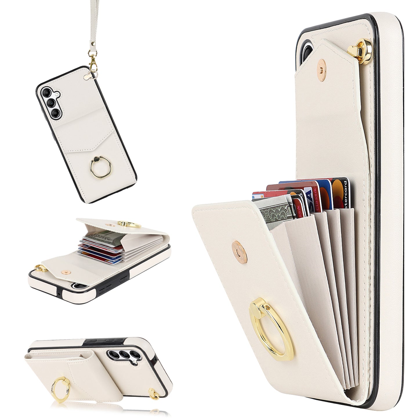 For Samsung Galaxy S24+ Cell Phone Case PU Leather+TPU Shockproof Kickstand Cover with Card Bag - Beige