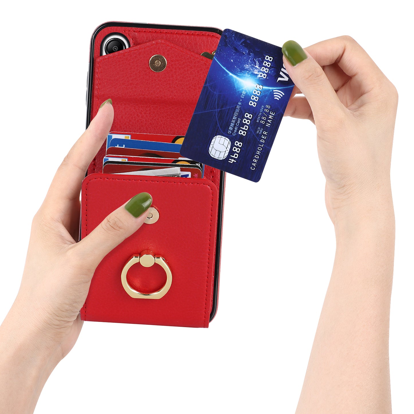 For Samsung Galaxy S24+ Cell Phone Case PU Leather+TPU Shockproof Kickstand Cover with Card Bag - Red