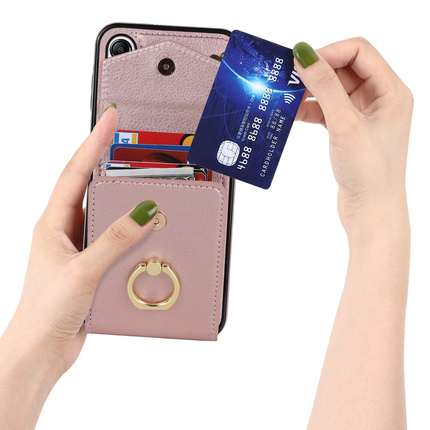 For Samsung Galaxy S24+ Cell Phone Case PU Leather+TPU Shockproof Kickstand Cover with Card Bag - Rose Gold