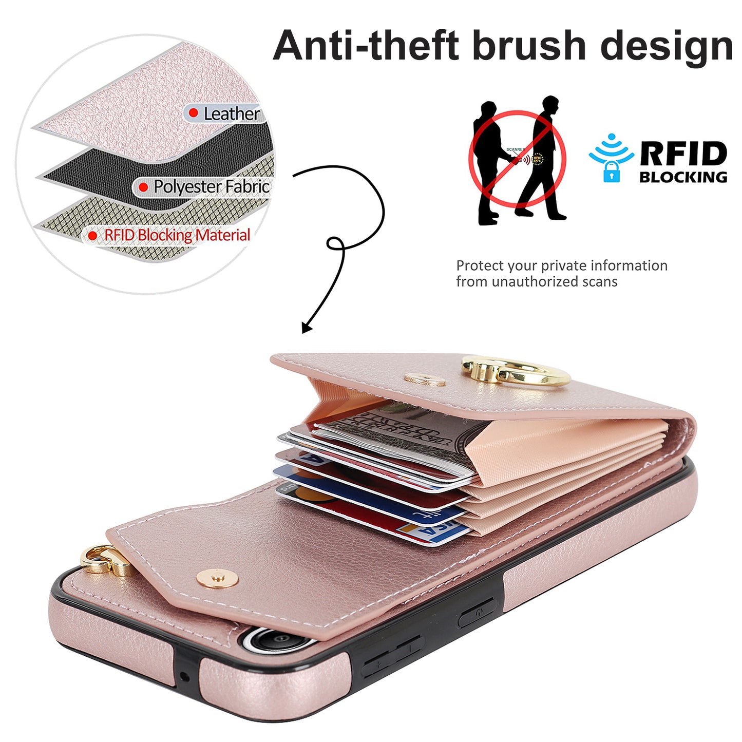 For Samsung Galaxy S24+ Cell Phone Case PU Leather+TPU Shockproof Kickstand Cover with Card Bag - Rose Gold