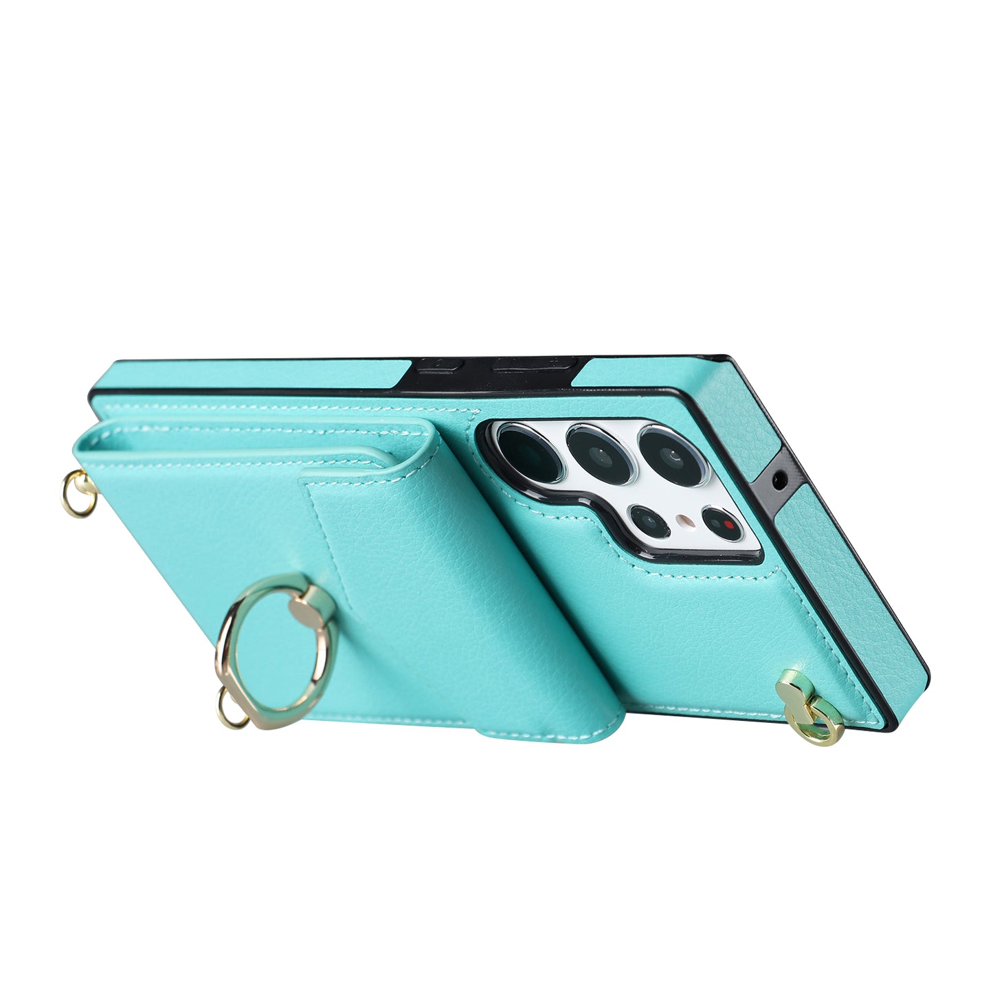For Samsung Galaxy S24 Ultra Cell Phone Case Accordion Card Bag Ring Kickstand Back Cover - Mint Green