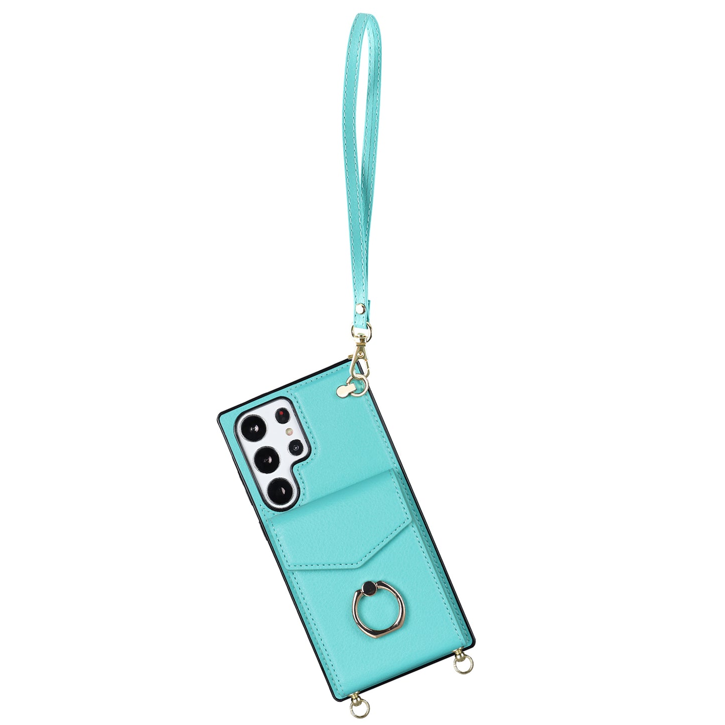 For Samsung Galaxy S24 Ultra Cell Phone Case Accordion Card Bag Ring Kickstand Back Cover - Mint Green