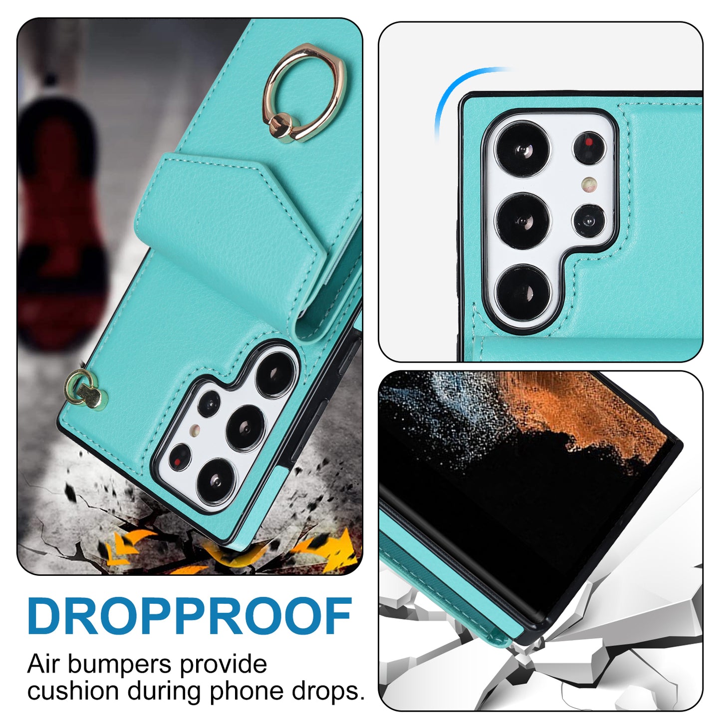 For Samsung Galaxy S24 Ultra Cell Phone Case Accordion Card Bag Ring Kickstand Back Cover - Mint Green