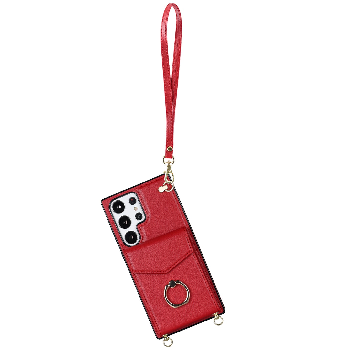 For Samsung Galaxy S24 Ultra Cell Phone Case Accordion Card Bag Ring Kickstand Back Cover - Red