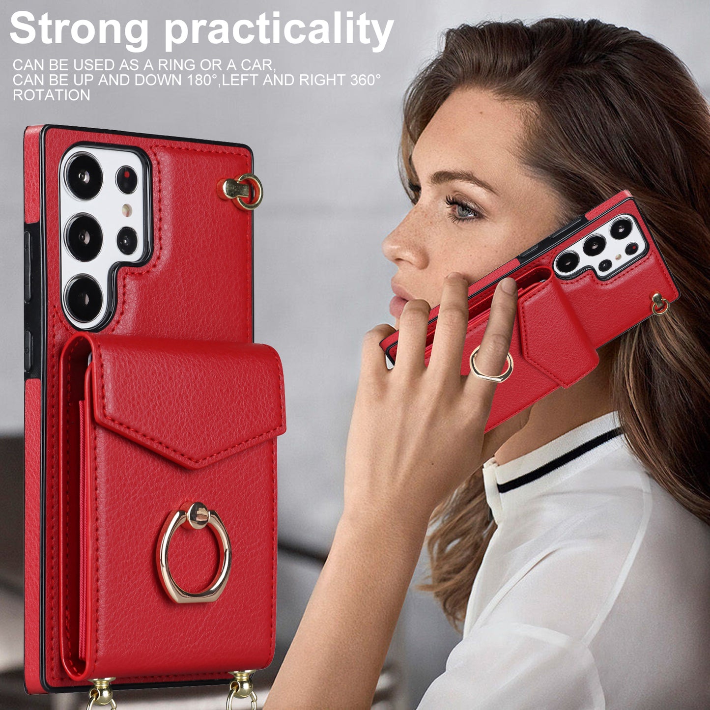 For Samsung Galaxy S24 Ultra Cell Phone Case Accordion Card Bag Ring Kickstand Back Cover - Red