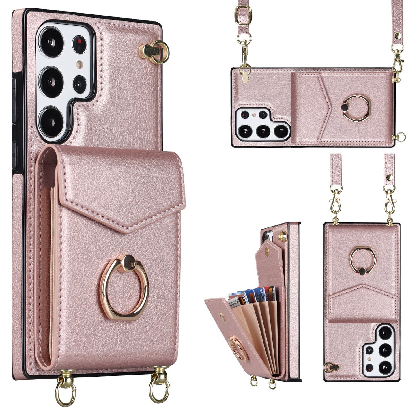 For Samsung Galaxy S24 Ultra Cell Phone Case Accordion Card Bag Ring Kickstand Back Cover - Rose Gold
