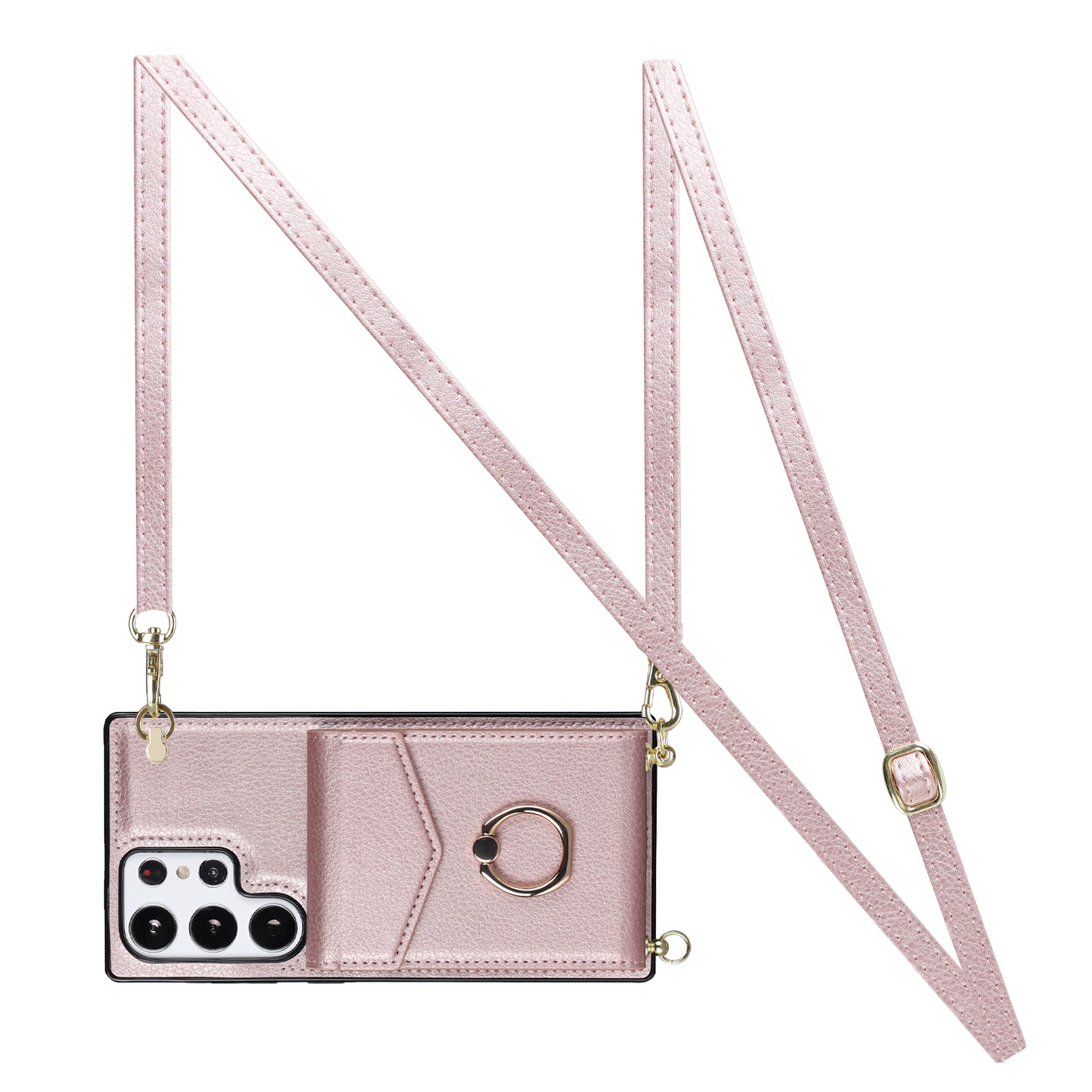 For Samsung Galaxy S24 Ultra Cell Phone Case Accordion Card Bag Ring Kickstand Back Cover - Rose Gold