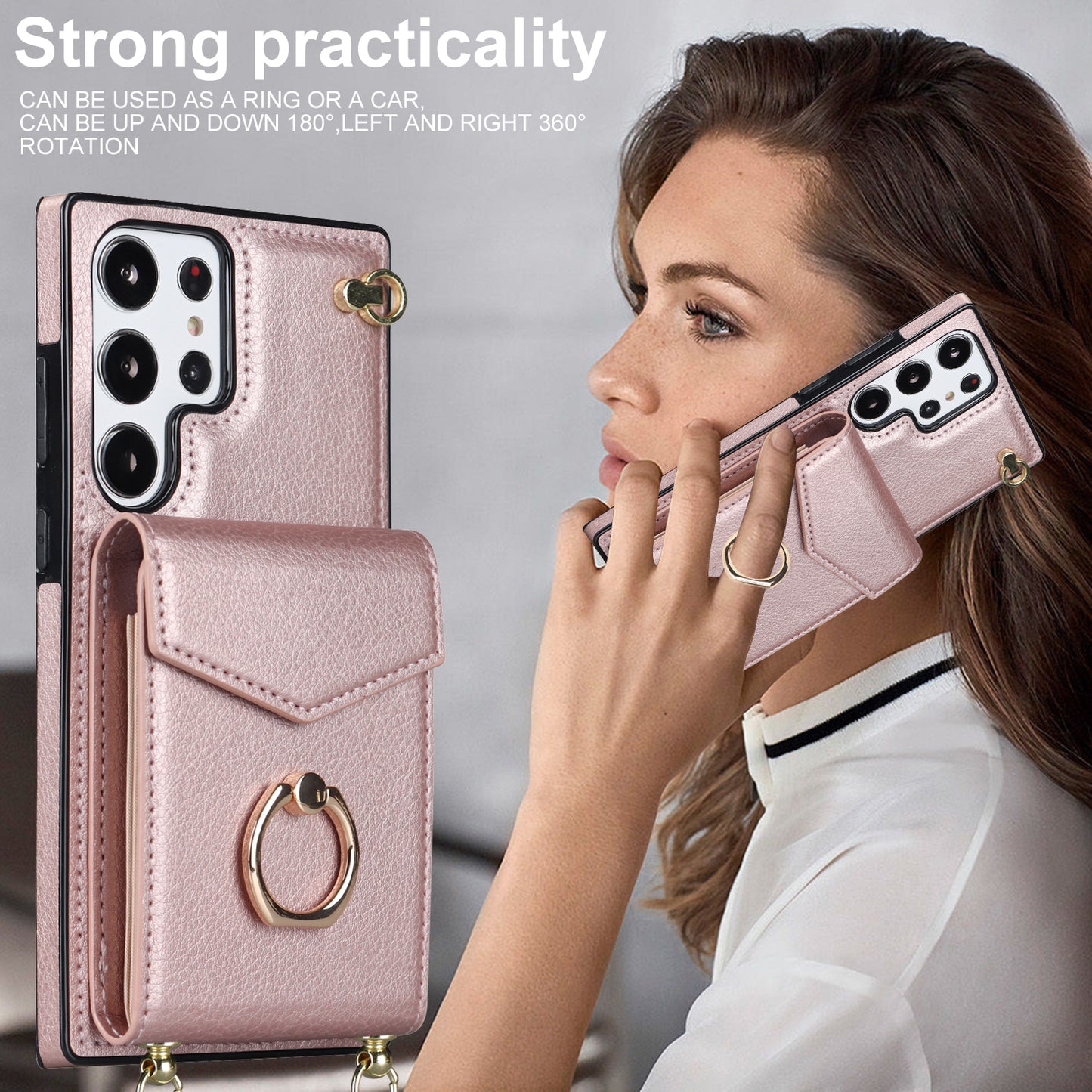 For Samsung Galaxy S24 Ultra Cell Phone Case Accordion Card Bag Ring Kickstand Back Cover - Rose Gold